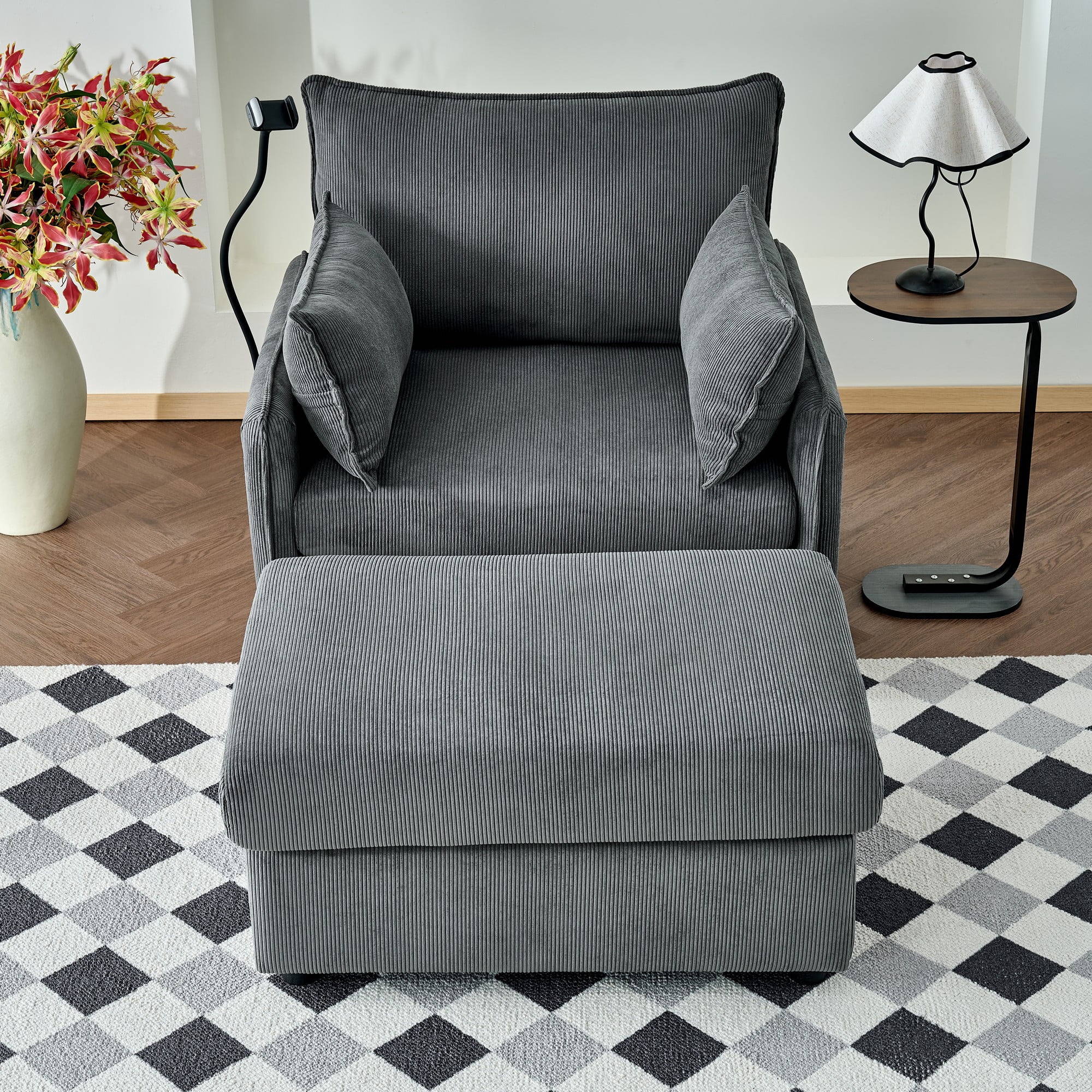 Euroco 55" Oversized Chaise Lounge Chair Indoor with Ottoman and Storage , Comfy Corduroy Single Sofa, Upholstered Deep Seat Chaise Lounge with Pillows for Living Room, Bedroom, Apartment, Grey.