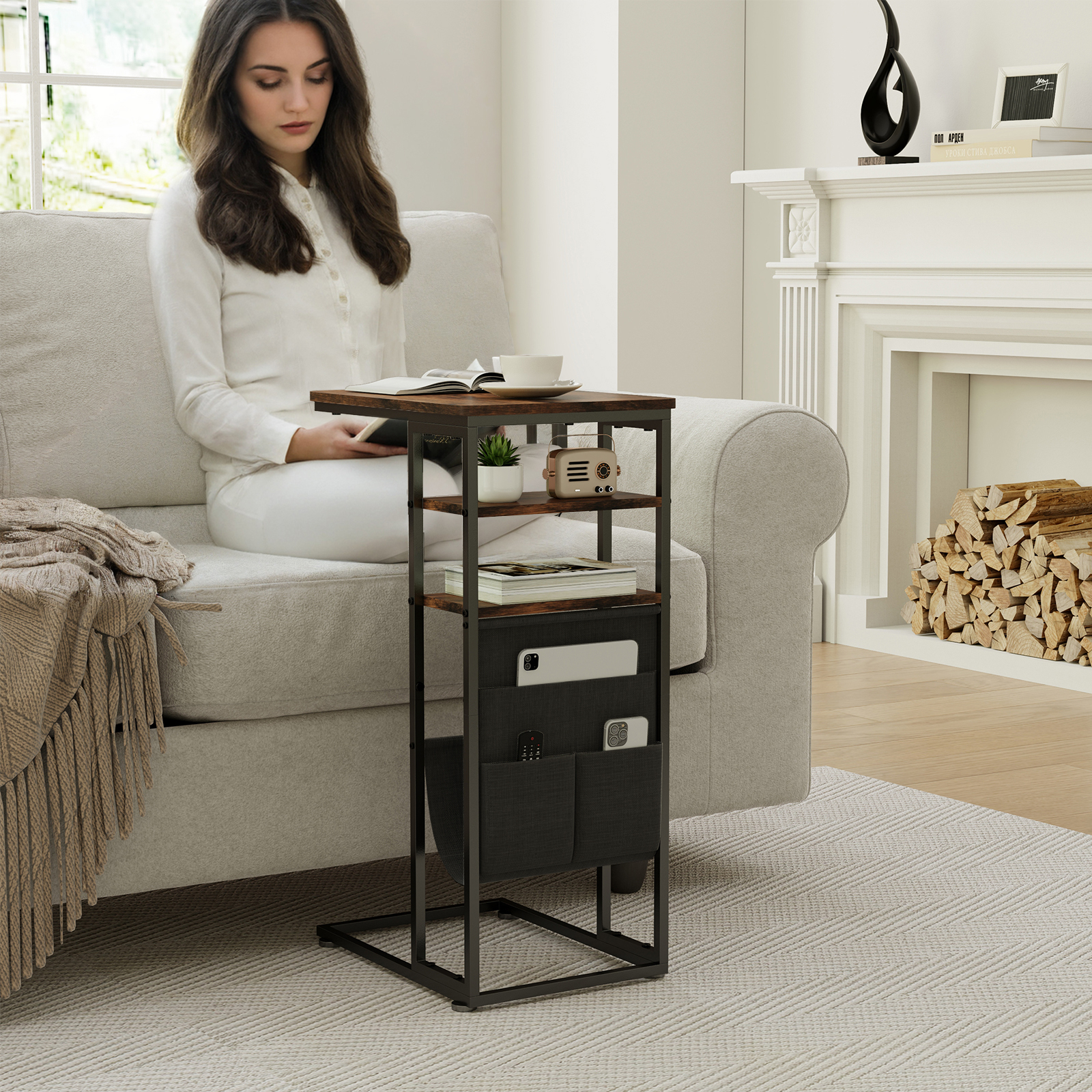 ZEXVIDA C Shaped Side Table, 3 Tier Sofa End Tables with Storage Bag, Sturdy Slide Under Sofa Slim Side Tables with Metal Frame for Small Spaces, Living Room, Bedroom, Industrial (Rustic Brown)