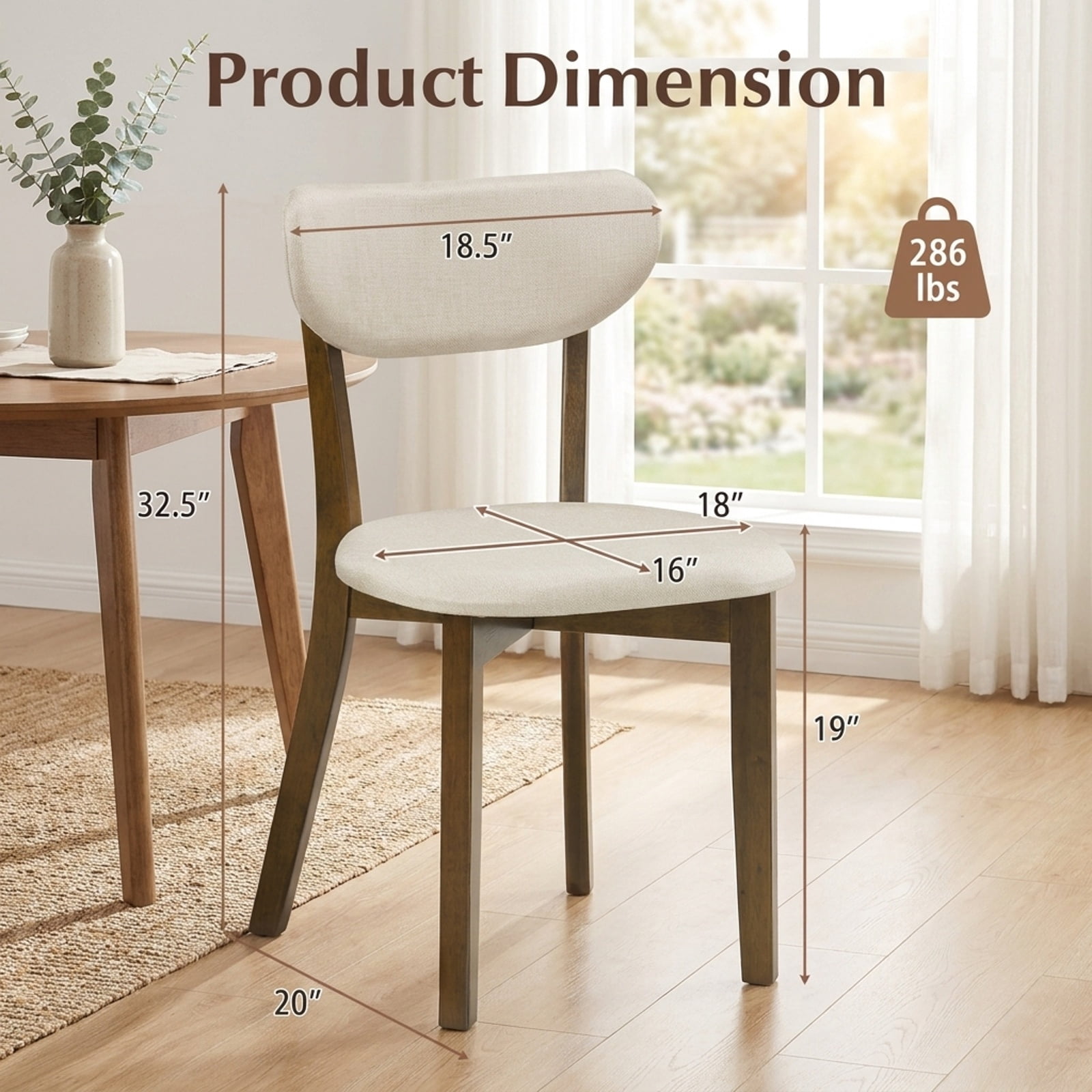 Furnibear Dining Chairs Set of 2 Upholstered Mid-Back Chairs with Solid Rubber Wood Frame for Kitchen Dining Room Living Room Home, White