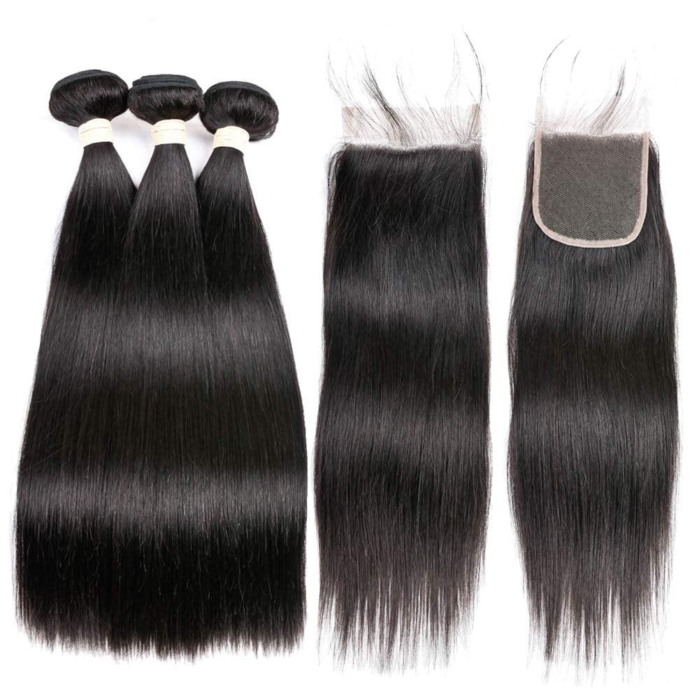 Brazilian Straight Virgin Hair 3 Bundles With Closure Free Part 26"28"30"with 22" Closure 100% Unprocessed Remy Human Hair Extensions, Hair Weft Weave With Lace Closure, Natural Color