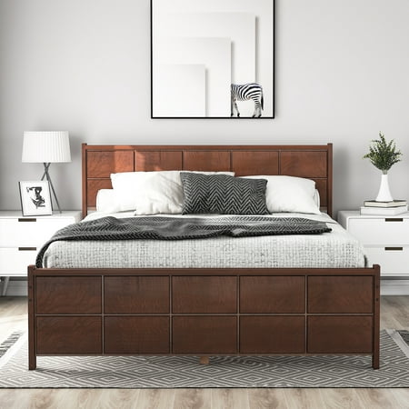 EUROCO Queen Platform Bed Wood Frame With Headboard and Footboard,Brown ...