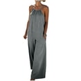 thumbnail image 2 of One Piece Shorts Romper Linen Jumpsuit for Womens Loose Fitting Breathable Wide Leg Pants with Side Pockets Spaghetti Strap Overalls Gray M, 2 of 8