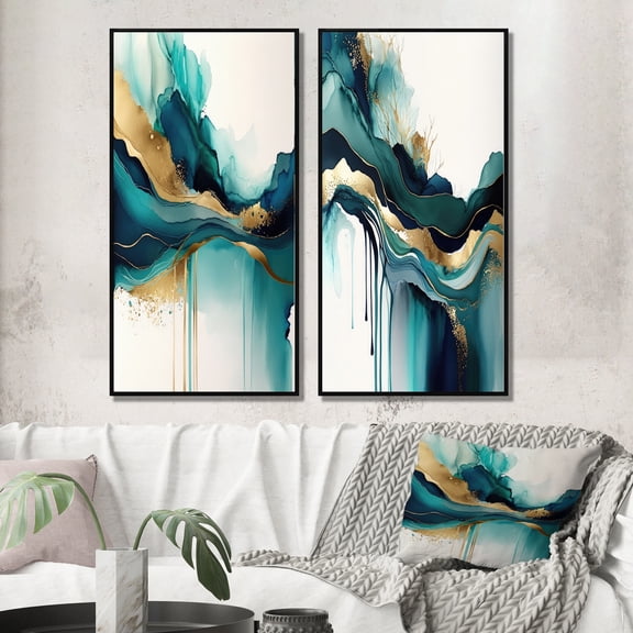 Designart "Teal and Gold Abstract Expressionism II" Abstract Liquid Ink Framed Wall Art Set Of 2 - Turquoise Abstract Framed Canvas Set For Living Room Decor