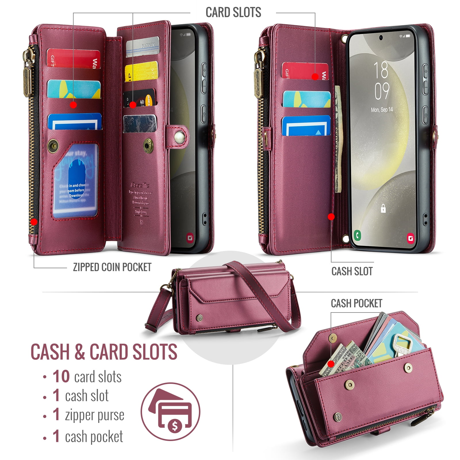 Dteck Crossbody Wallet Case for Samsung Galaxy S24 FE 5G RFID Blocking 10-Card Holder Soft PU Leather Magnetic Snap Strap Zipper Pocket Phone Case Fit for Galaxy S24 FE 6.7",Winered