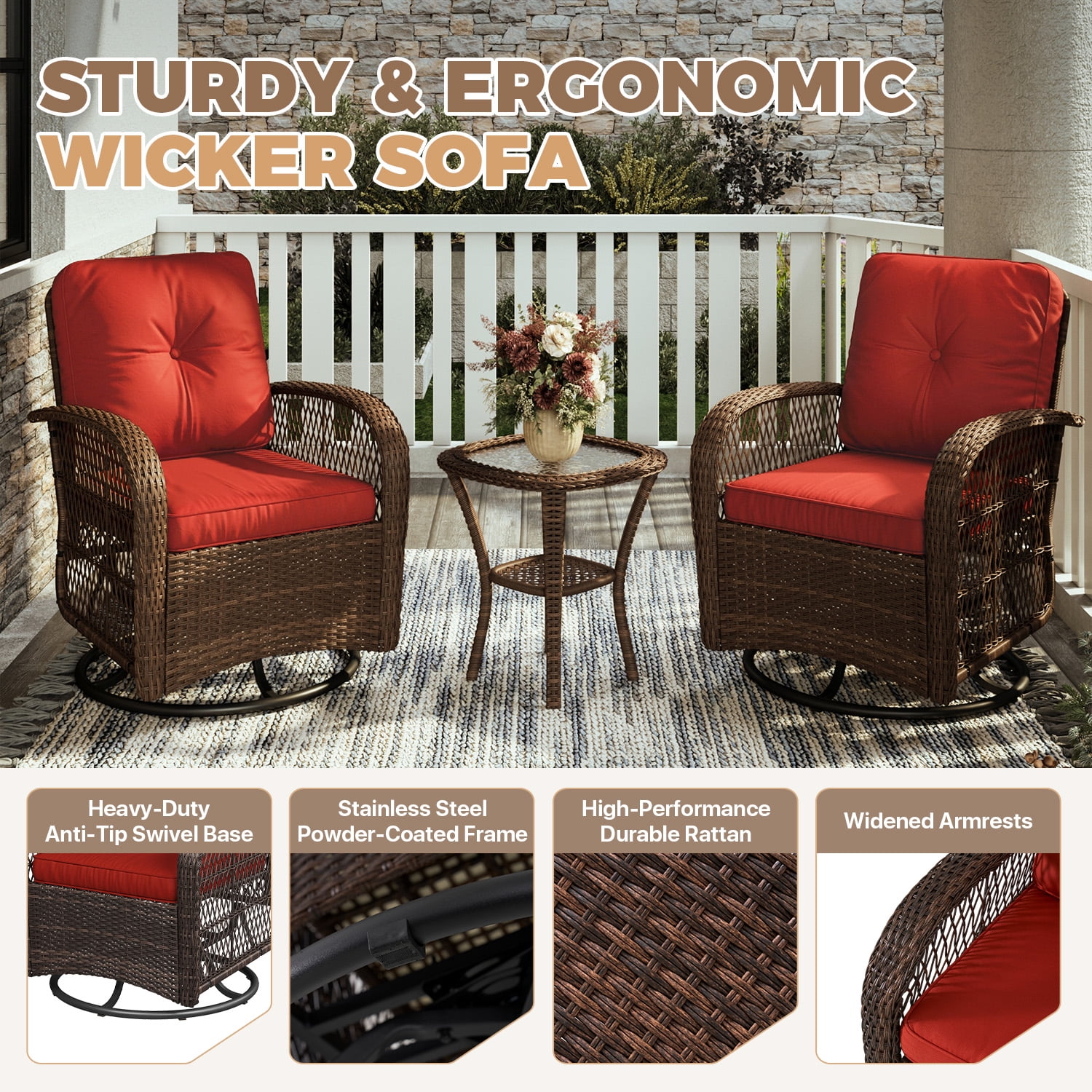 BaPiPro 3 Piece Red Outdoor Swivel Rocker Wicker Patio Furniture Set, All-Weather Resistant Rattan Conversation Set with Cushions & Tempered Glass Side Table for Porch, Deck, Backyard
