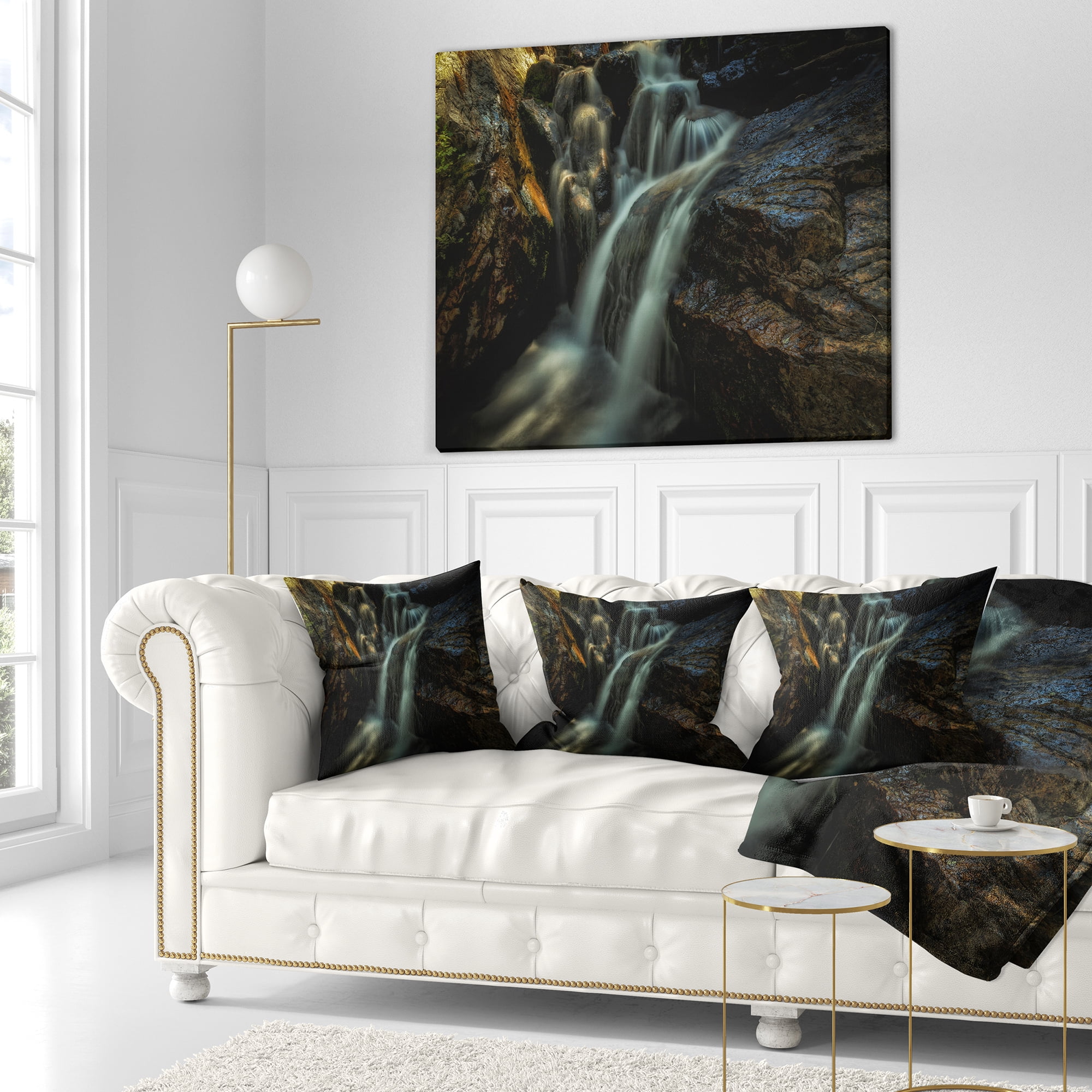 Designart Slow Motion Waterfall in Summer - Landscape Printed Throw Pillow - 16x16