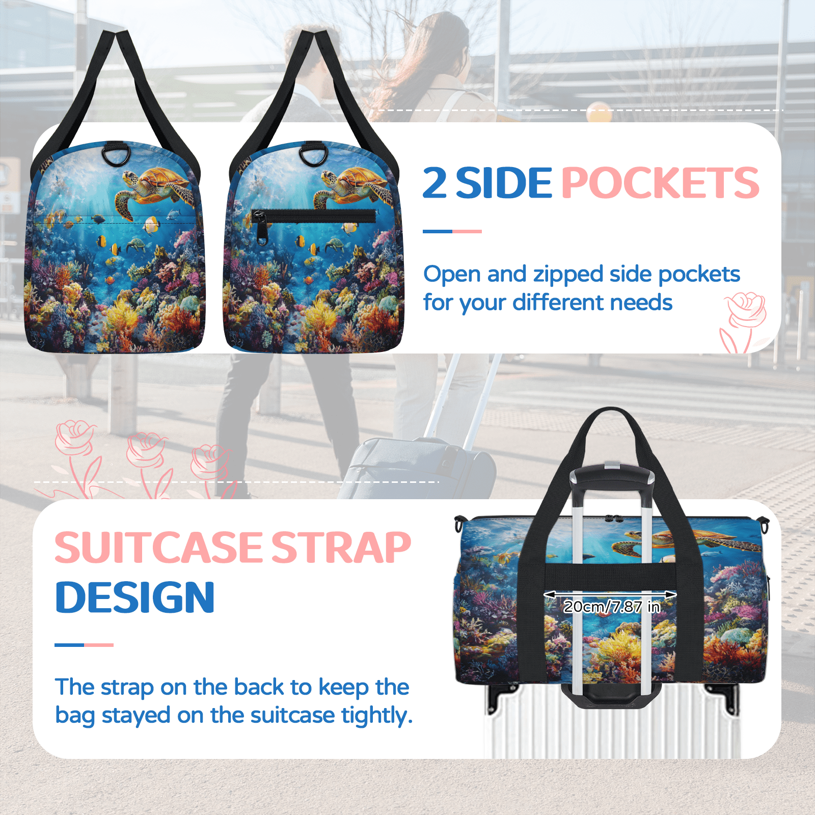 Herdesigns Sea Turtles Gym Bag for Women, Ocean Animal Duffle Bag for Travel Sport, Lightweight Waterproof Carry on Weekender Overnight Dance Yoga Workout Bags