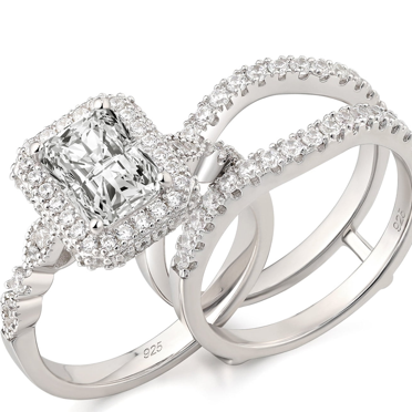 Sterling Silver Heart CZ Wedding Engagement Ring Set - 2pc Bridal Jewelry - Women's 925