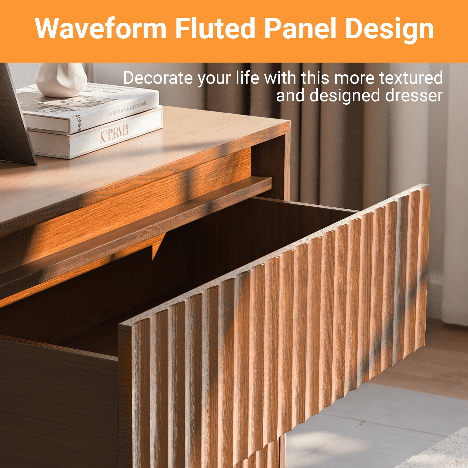 UPGO 27.5'' Fluted Dresser for Living Room, Bedroom, Hallway, Entryway with Deep 3 drawers, Wooden Dresser