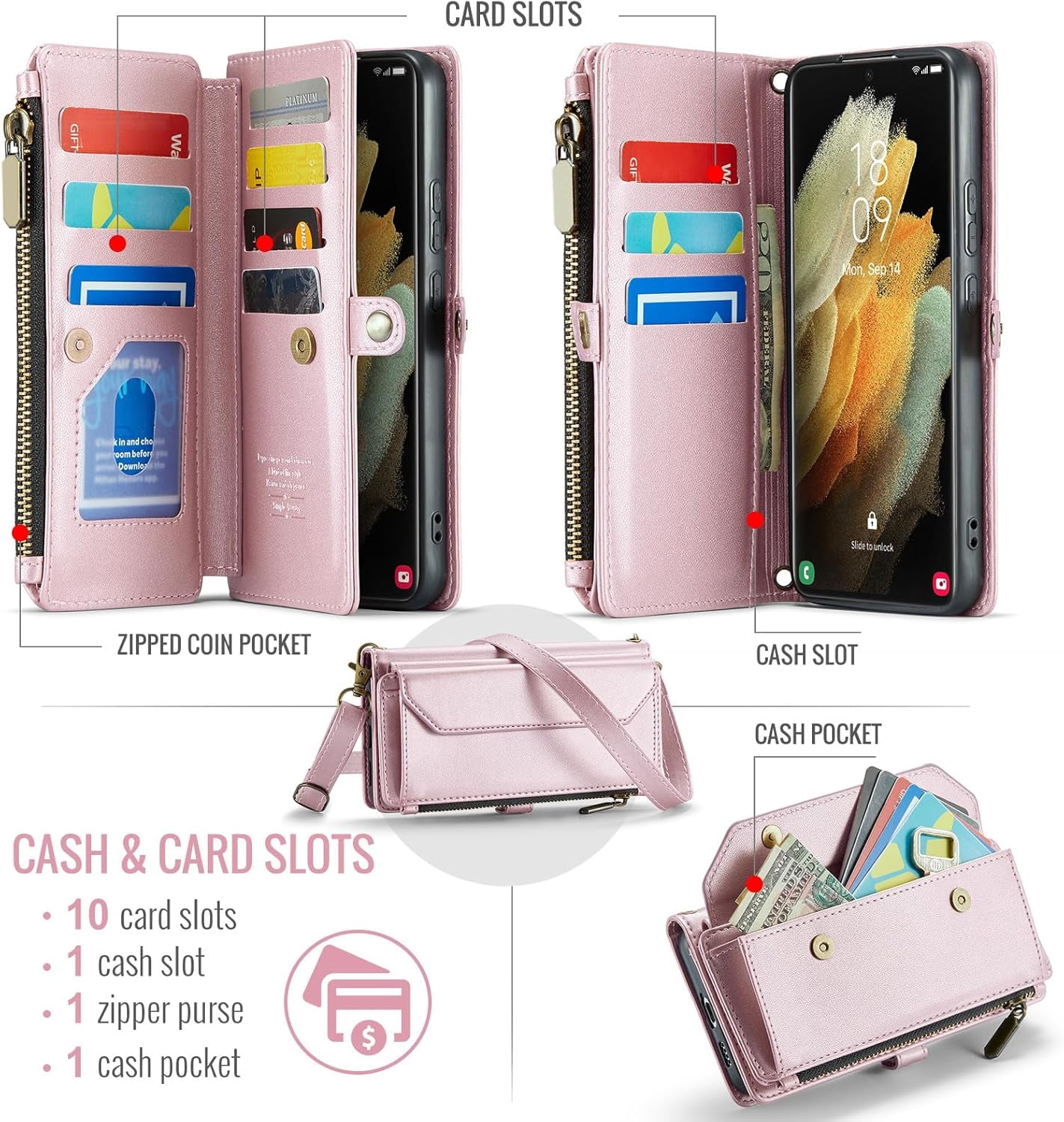 Phone Case for Samsung Galaxy S21 Ultra 5G Zipper Wallet Cover with Tempered Glass Screen Protector and Flip RFID Blocking Card Holder Cell S21ultra 21S S 21 21ultra G5 Women Girls Rose Gold