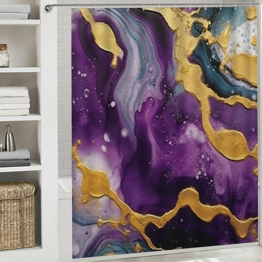 Pratyus Purple and Gold Substance Quick-Drying Bathroom Shower Curtain Set with Hooks, 100% Polyester Fabric, Washable, Various Sizes 69x72