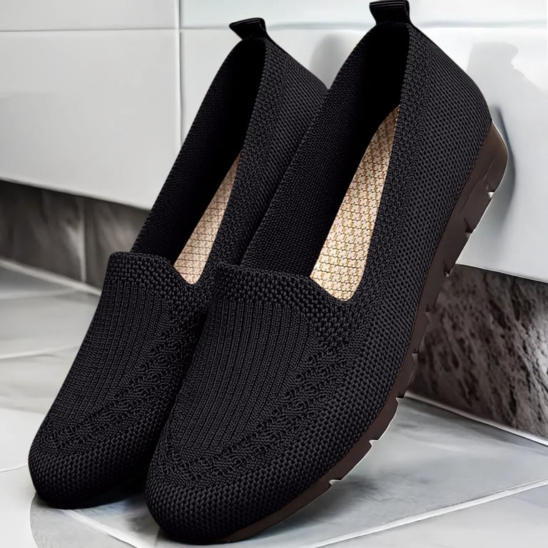 Black Ladies Breathable Footwear Mesh Shoes, Round Toe Flat Sole