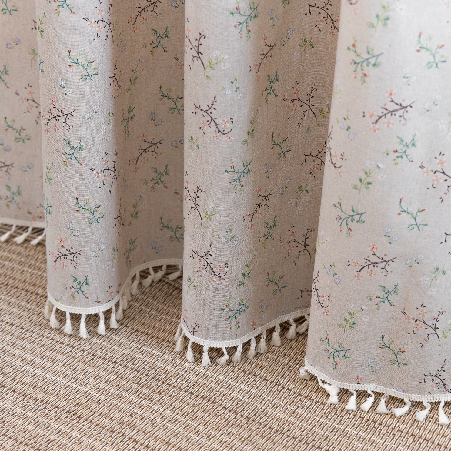 NIUBIER Semi-Blackout Linen Curtains, Floral Pattern, Rod Pocket with Tassels, 52x84 Inches, for Bedroom/Living Room