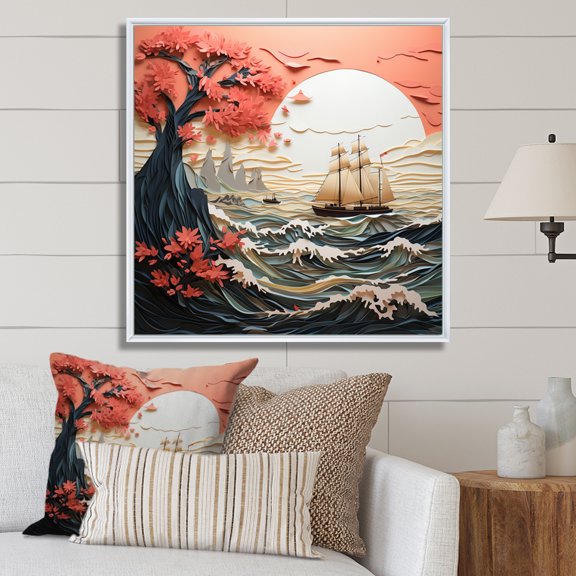 Designart "Waves Papercut Japon Coral wall decor III" Japanese Floater Framed Wall Art Print