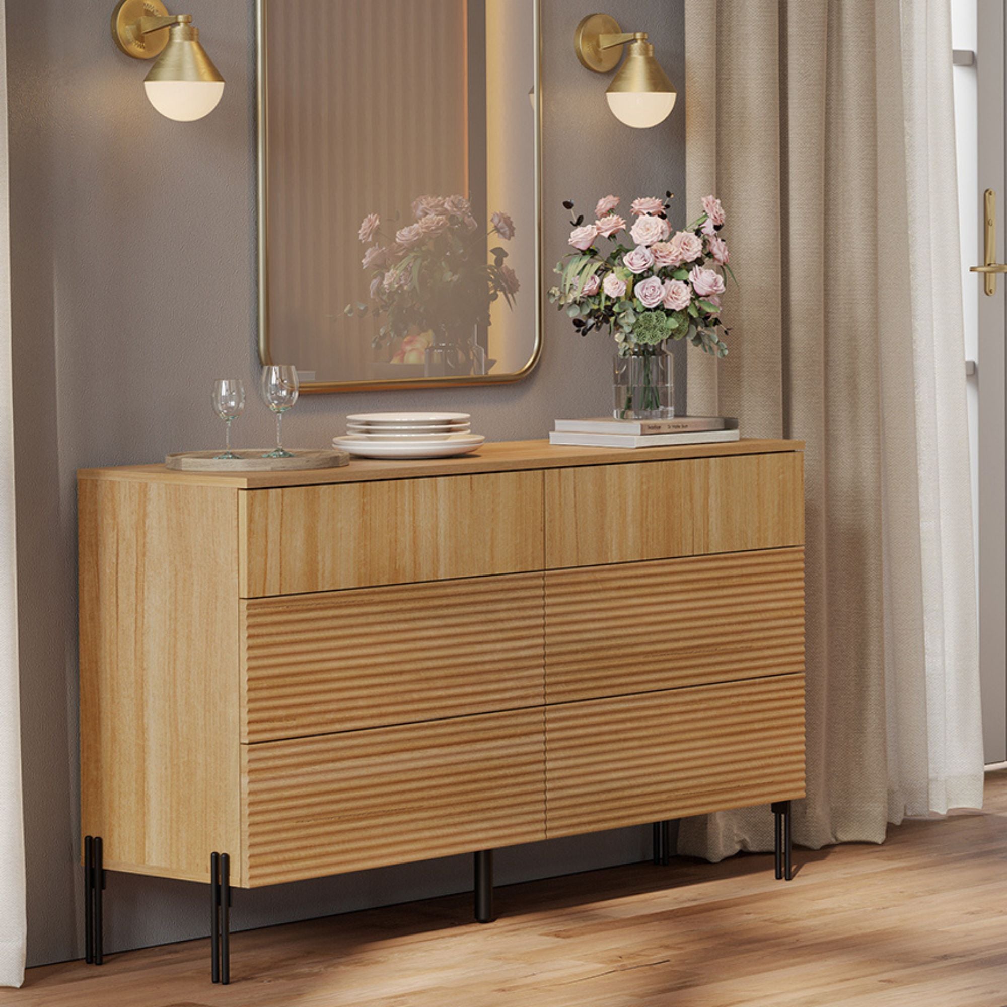WAMPAT Mid-Century Modern 6-Drawer Dresser, Wood Storage Organizer for Bedroom Living Room, Entryway, Fluted Design, Oak