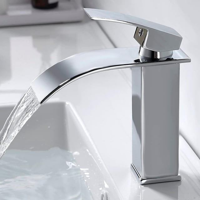 Grifo de baño moderno con cascada, grifo de lavabo con diseño elegante, grifo mezclador de latón, agua fría y caliente disponible, altura del caño 120 mm, accesorios cromados G 3/8