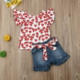 thumbnail image 2 of Bagilaanoe 2pcs Toddler Baby Girl Short Pants Set Flying Sleeve Print T Shirt Tops + Denim Shorts with Belt 1T 2T 3T 4T 5T 6T Kids Casual Summer Outfits, 2 of 7