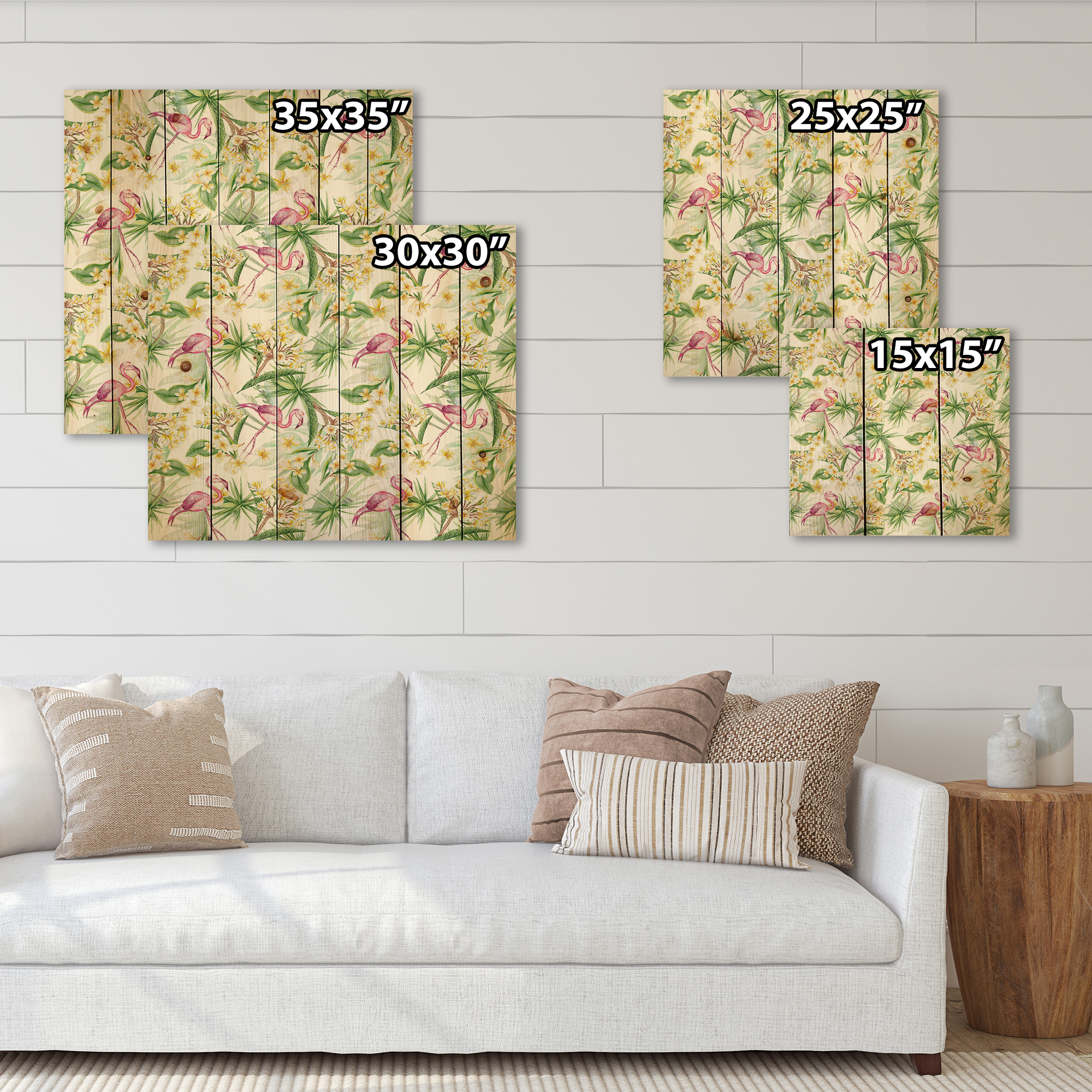 Designart 'Yellow Flowers, Tropical Foliage With Flamingo IV' Modern Print on Natural Pine Wood