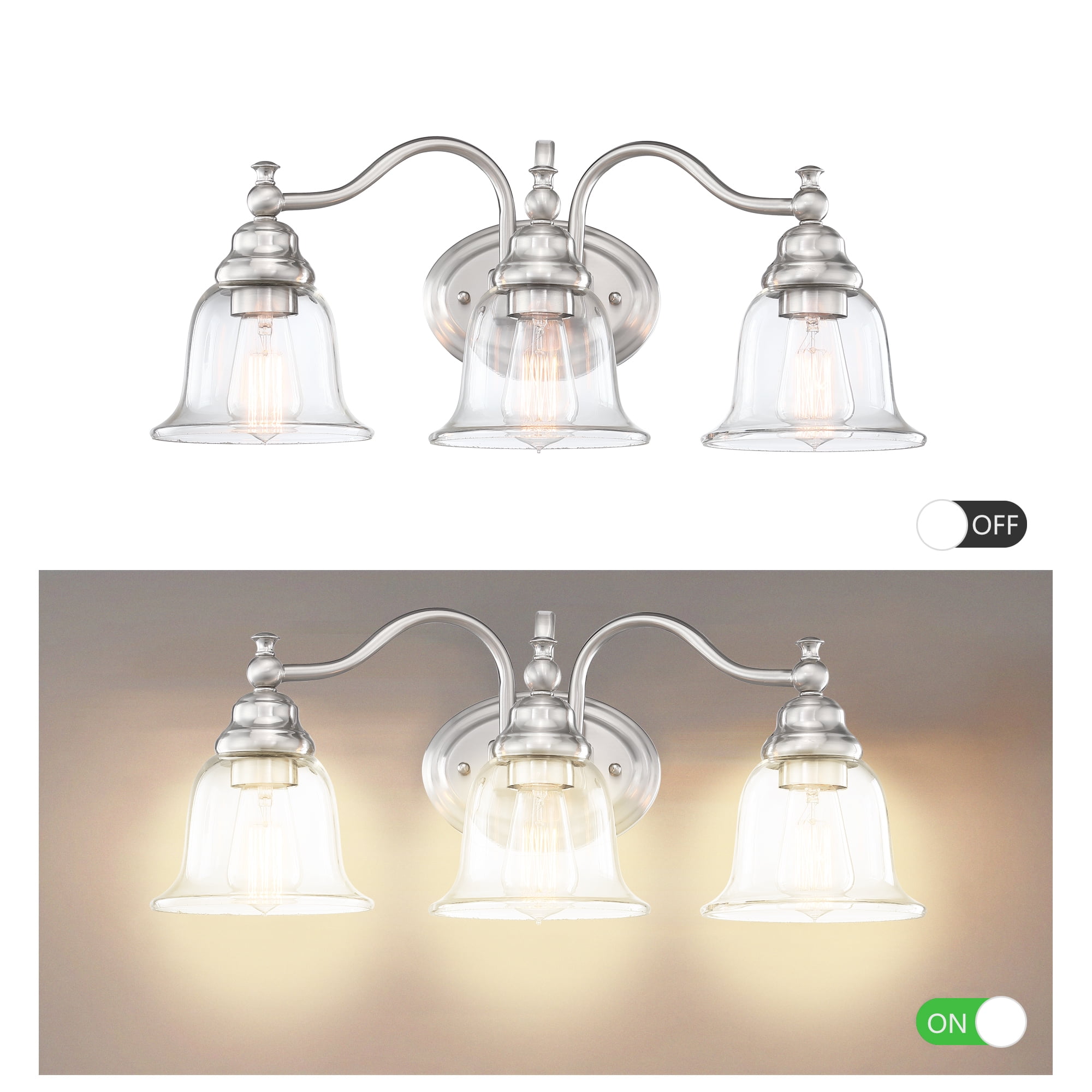 3-Light 22.83" Traditional Bathroom Vanity Light over Mirrors Brushed Nickle Vanity Lights for Bathroom with Trumpet Glass Shade