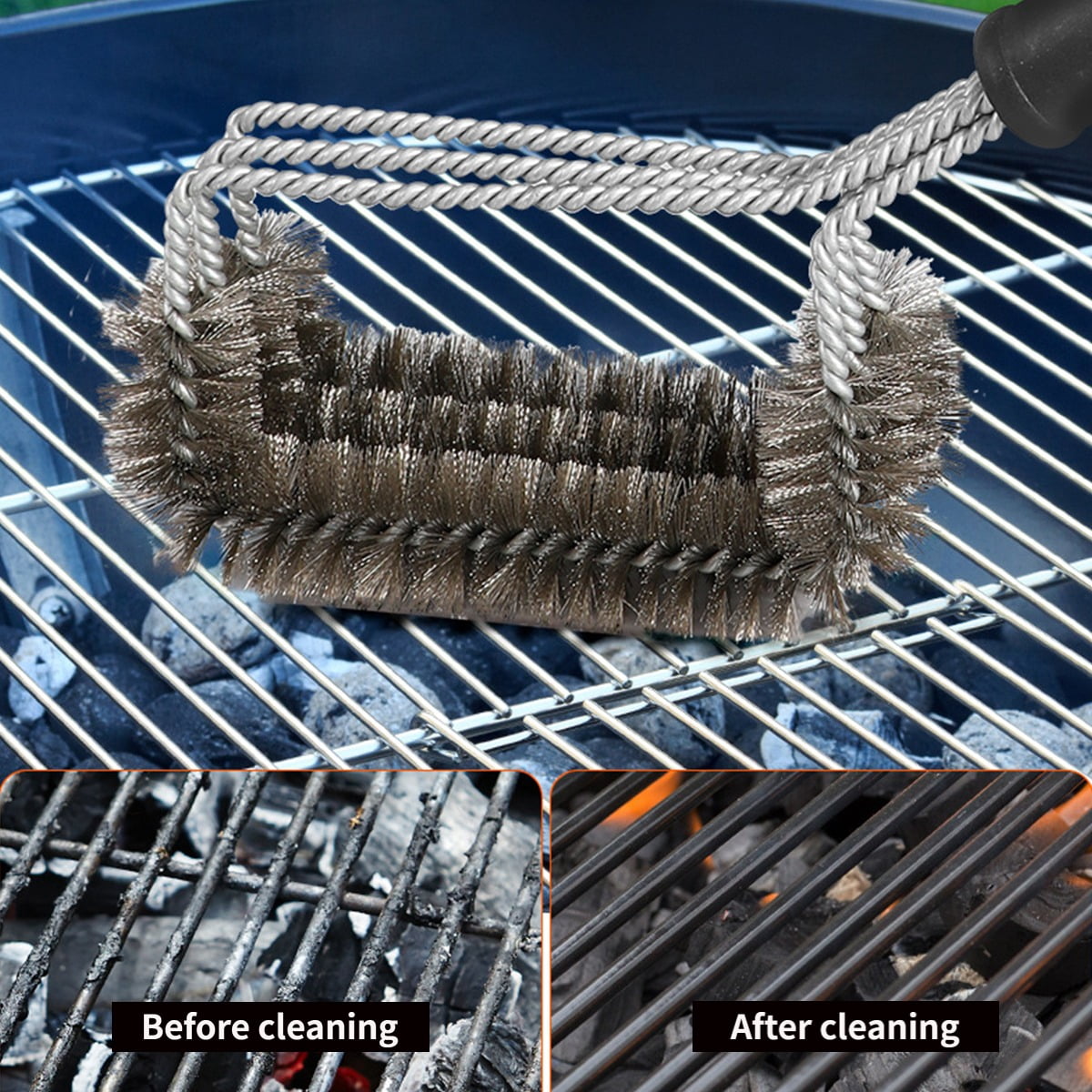 3‑Head BBQ Grill Cleaning Brush, Stainless Steel Wire Brush for Grill Grate, Oven Rack, Heat Resistant Barbecue Scraper for Outdoor Cooking
