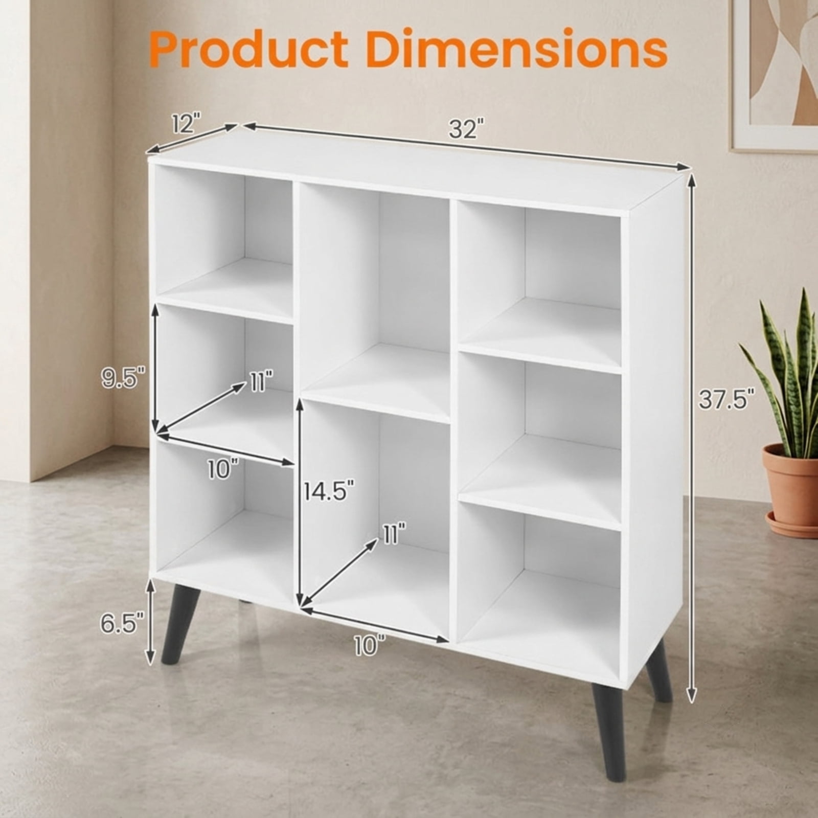 Furnibear 8-Cube Bookcase with Raised Support Legs and Anti-Tipping Kits Freestanding Wood Storage for Living Room and Study, White