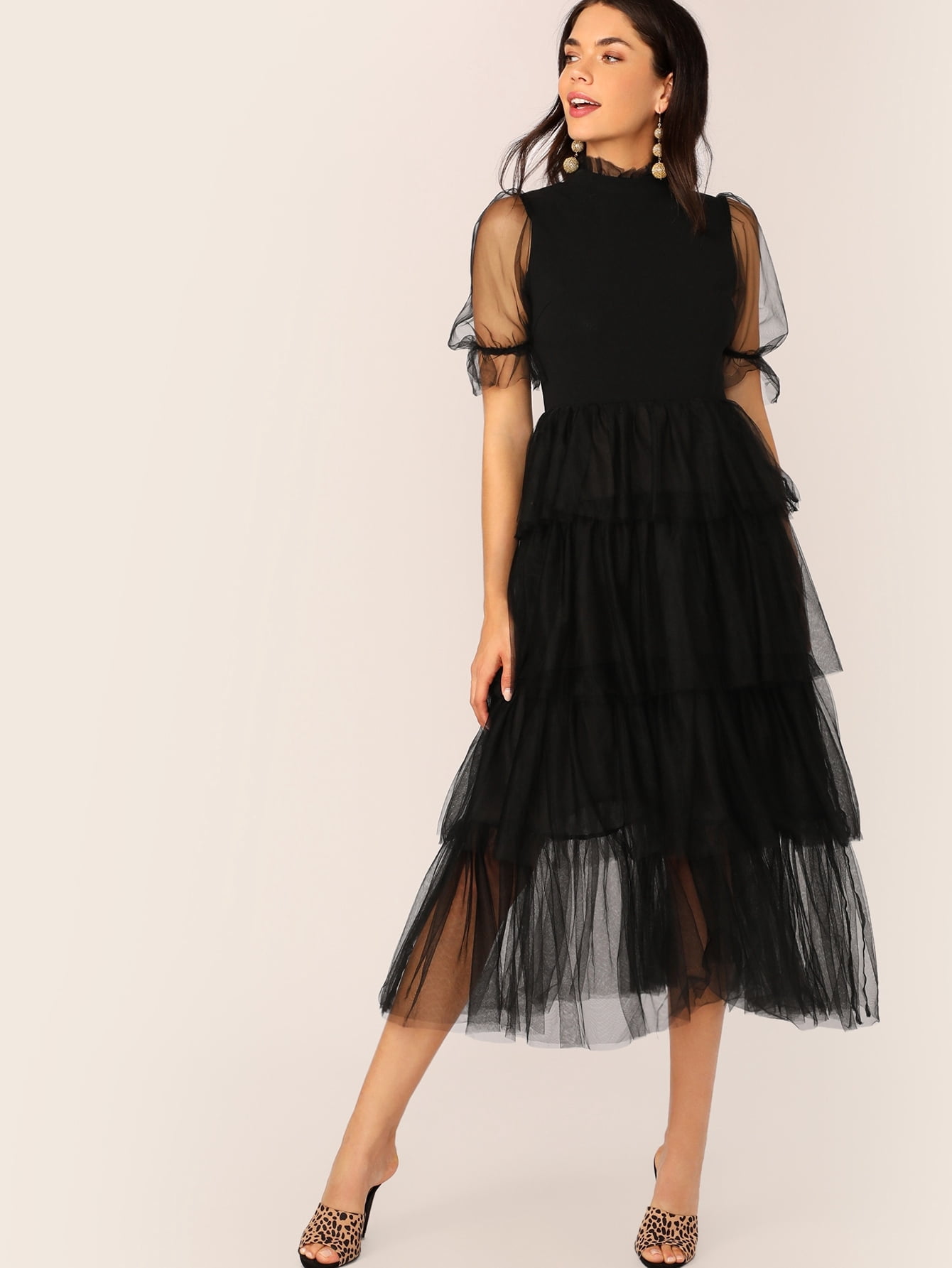 Women's Frill Neck Puff Sleeve Layered 