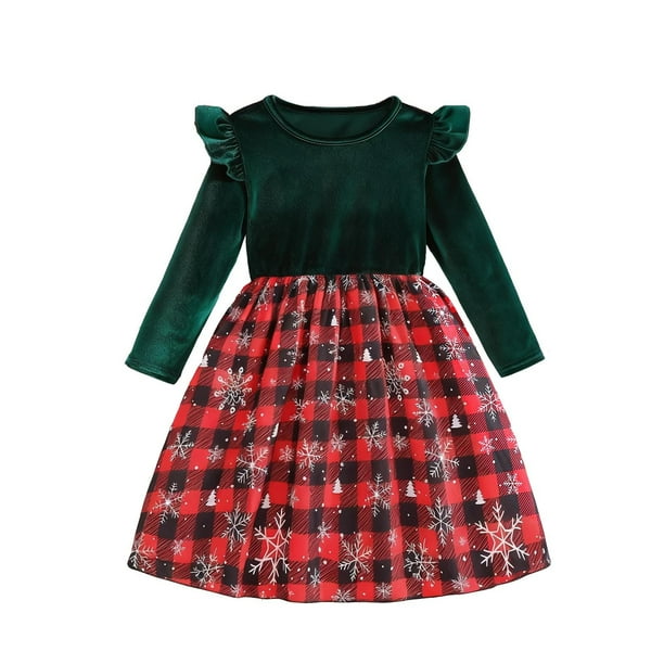Vestido de cuello redondo y manga larga para niña, vestido de princesa con mangas largas y volantes para fiesta de Navidad, vestido infantil, vestido con estampado de copos de nieve para niña, vestido