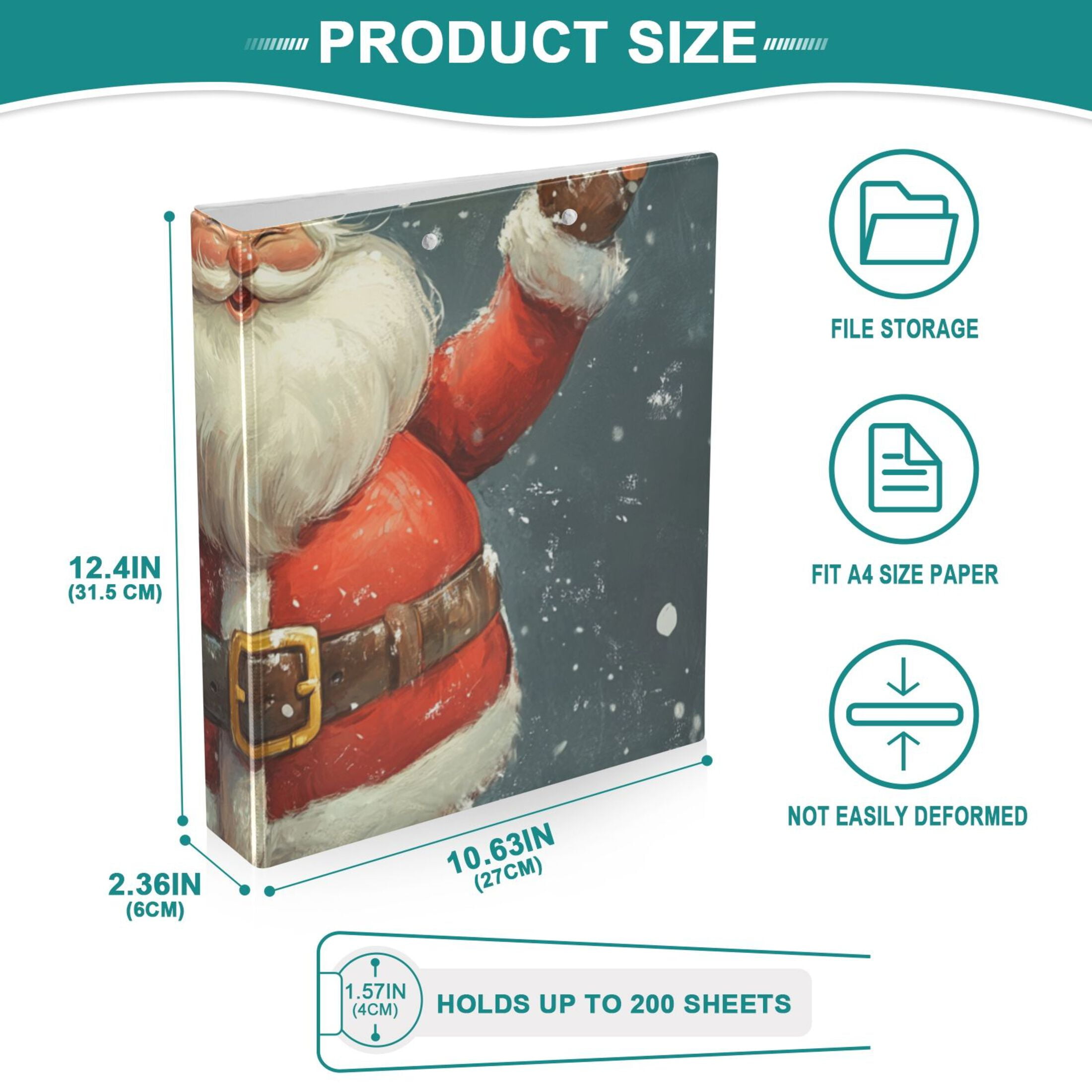 Cartoon Christmas Santa 3 Ring Binders 1.5 inch Hardcover File Folders with Interior Pockets A4 Size Organizer for School Office Hospital