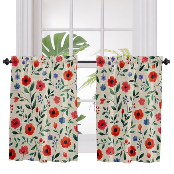 Watercolor Floral 2 Panel Kitchen Curtains for Windows, Spring Red Poppy Flower Botanical Beige Bathroom Privacy Curtain, Home Décor Window Treatment for Bedroom/Living Room 55"x45"