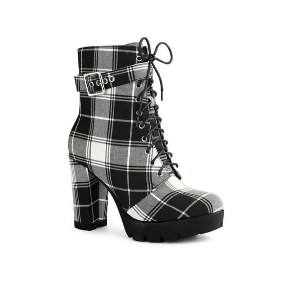 BLISSFUL STEP Women's Ankle Boots Plaid Combat Chunky Heel Lace-Up Platform High Heel Buckle Boots Black 7