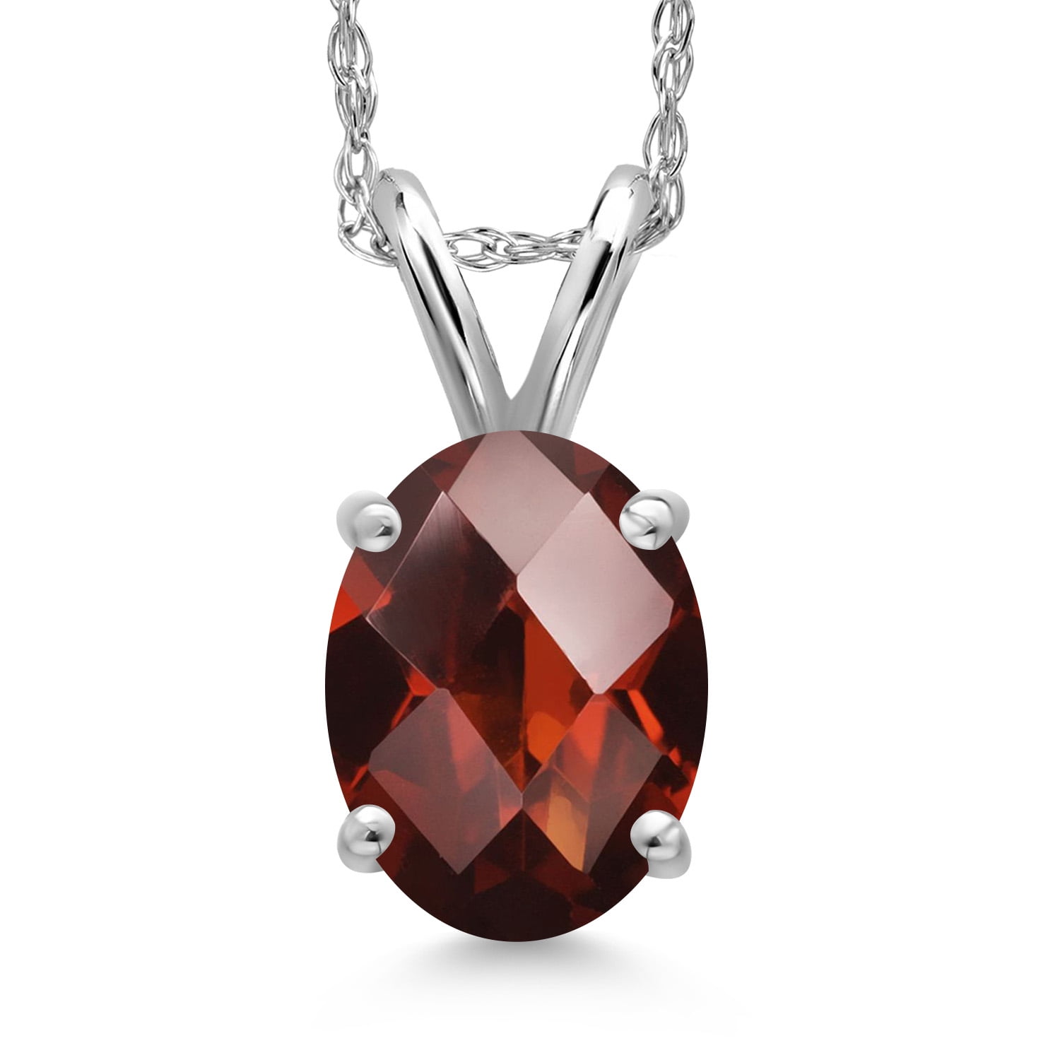 Gem Stone King 14K White Gold Red Garnet Pendant Necklace for Women | 1.00 Cttw | Gemstone January Birthstone | Oval Checkerboard 7X5MM | With 18 inch Chain