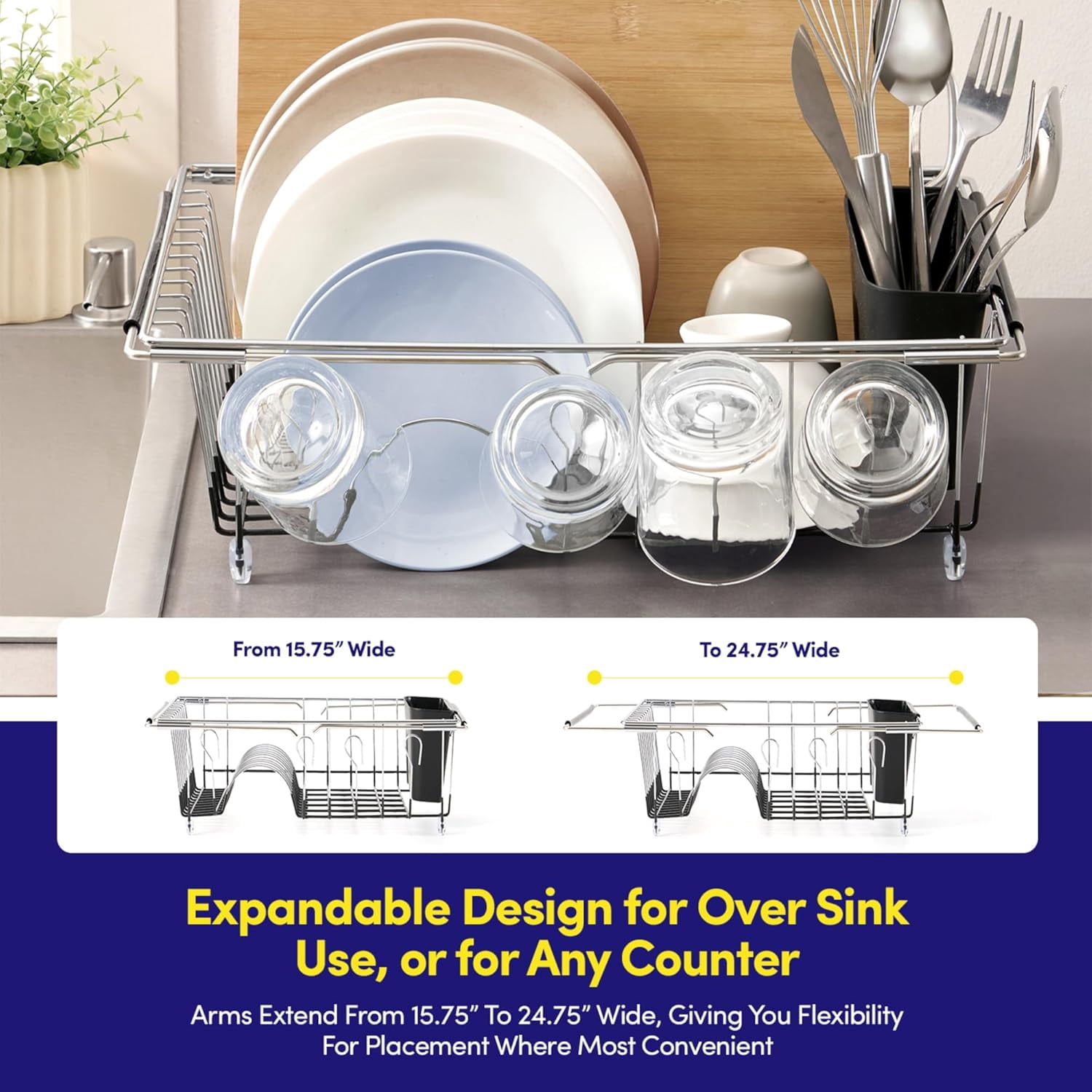 Dish Drying Rack Over The Sink Expandable to 24.5" Dish Drainer — Space-Saving Rectangular Kitchen Extending Drying Station with Utensil Holder, Fits Most Sinks for Easy Dish Organization, Silver