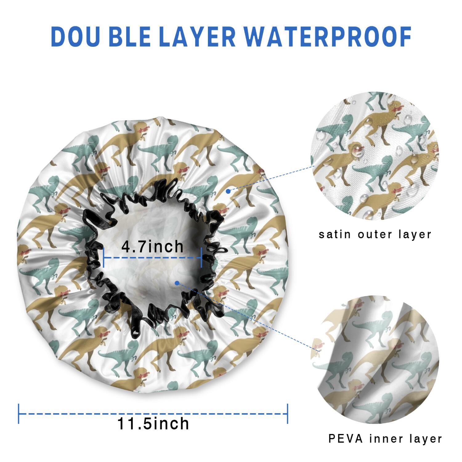 Shower Caps,White Cartoon Dinosaurs Waterproof Shower Cap for Women 4 Pieces,Double Reusable Hair Cover for Shower PEVA Elastic Stretch Hem