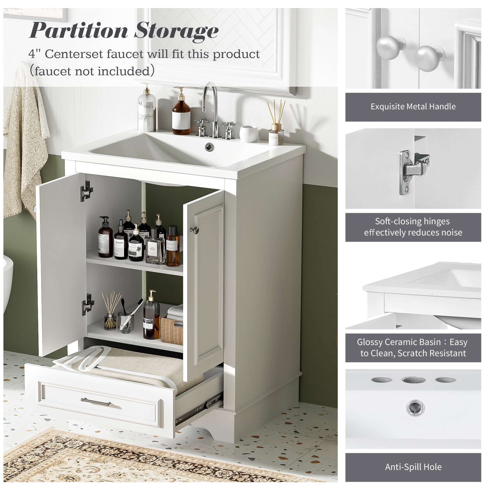 Homy Casa 24" Bathroom Vanity with Ceramic Sink, Soft-Close Doors and Drawer, White