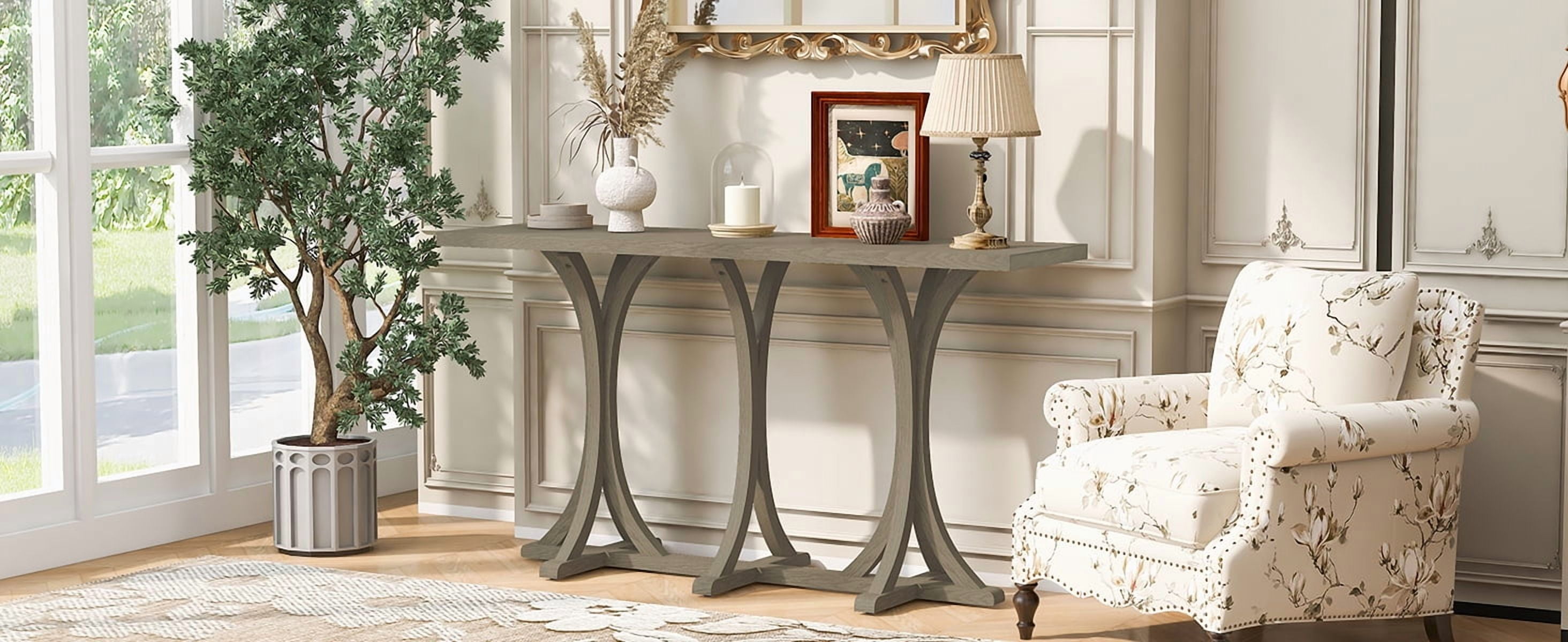 59.8" Wooden Console Table with Oak Veneer Top, Farmhouse Entryway Table with Rubber Wood Slender Curved Legs, Perfect for Living Room, Entryway, Hallway, Dining Spaces