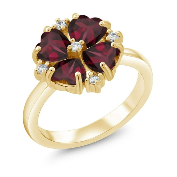 Gem Stone King 18K Yellow Gold Plated Silver Red Rhodolite Garnet Ring for Women (2.28 Cttw, Heart Shape 5MM, Gemstone January Birthstone, Size 5)