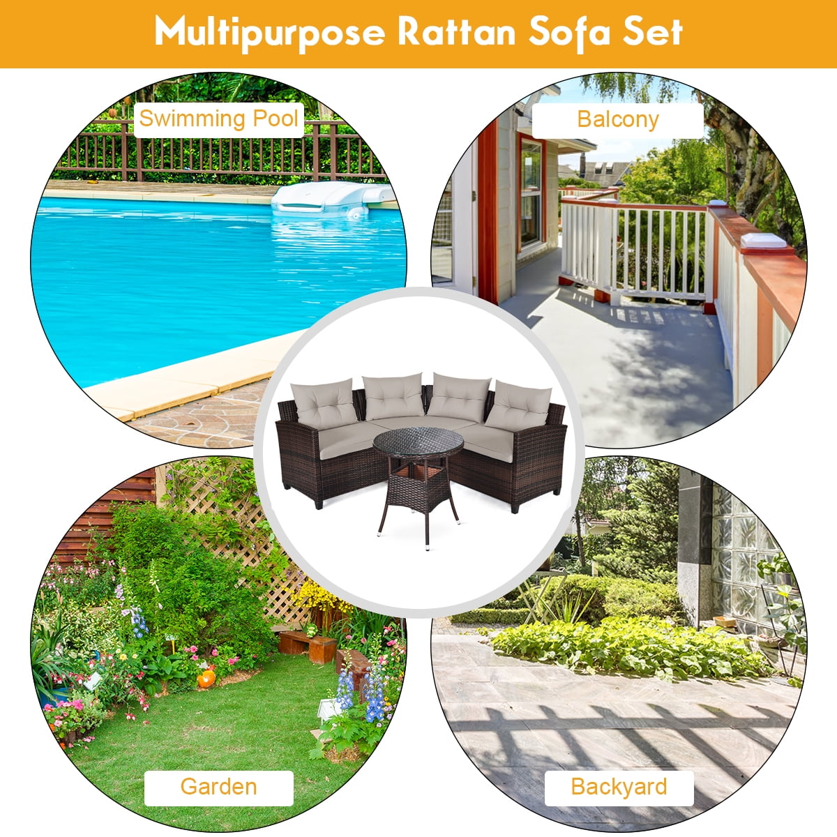 Gymax 4PCS Patio Furniture Set Outdoor Rattan Sectional w/ Cushioned Sofa Table