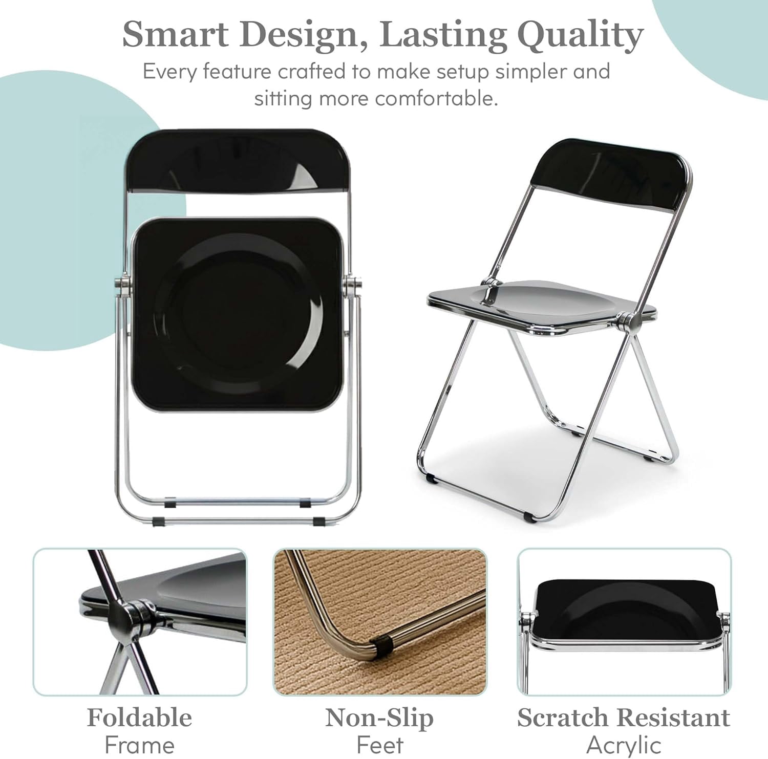 EventStable Clear Acrylic Folding Chair with Electroplate Chrome Frame, Lightweight Portable Seating Stackable Comfortable Chair for Indoor Outdoor Dining, Events & Parties - Onyx - 4-Pack