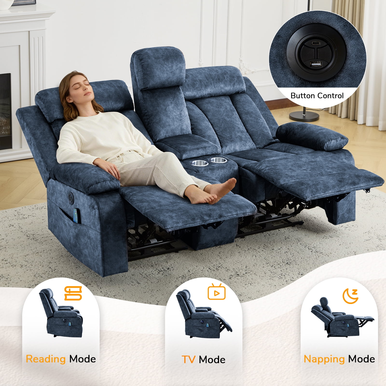 Power Recliner Loveseat Sofa with Console Storage, Heat & Massage, Reclining Sofa Couch with Cup Holders, USB & Type-C Ports, Dutch Velvet Recliner Couch for Living Room, RV,Office,Apartment