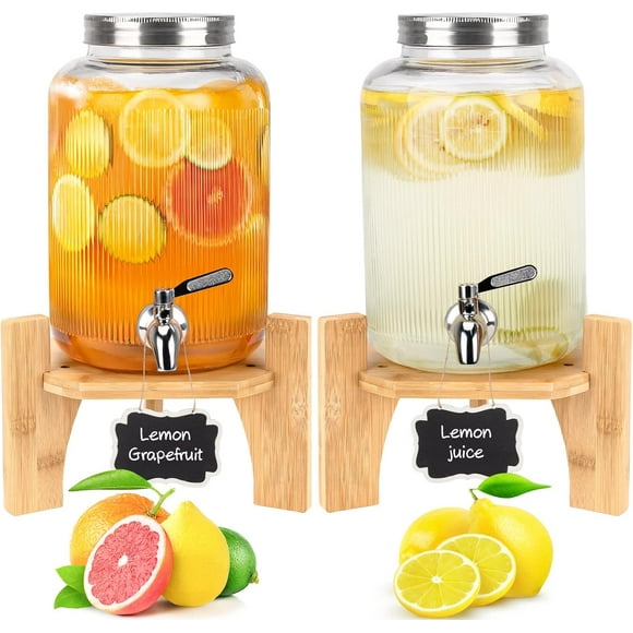 Distributeur de Boissons en Verre de 1 Gallon pour Fêtes, Lot de 2, Distributeur de Boissons avec Support en Bois, Distributeur de Boissons avec Robinet en Acier Inoxydable 304 Étanche