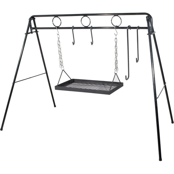 Campfire Grill Swing Stand – Heavy Duty Steel Outdoor Cooking Rack with Adjustable Hanging Grate and Multiple Hooks for BBQ, Dutch Oven & Campfire Cooking, Portable Grill for Camping