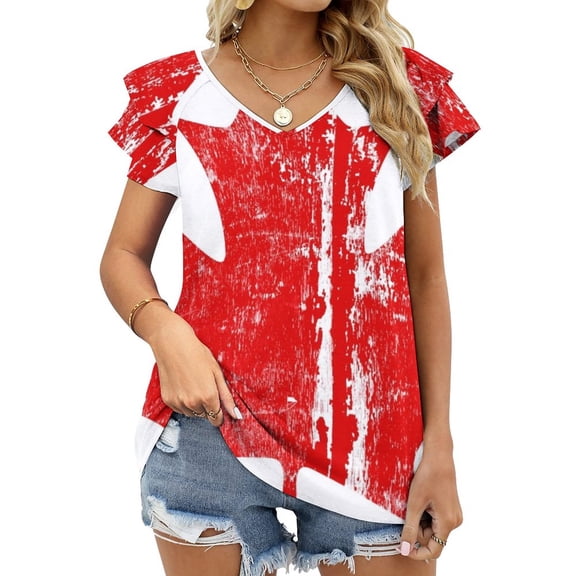 Canada-Maple Leaf Woodcut Grunge Lotus Leaf Neck T-Shirt Long Sleeve Women'S T Shirt Elegant Fashion Tops & Tees Canada