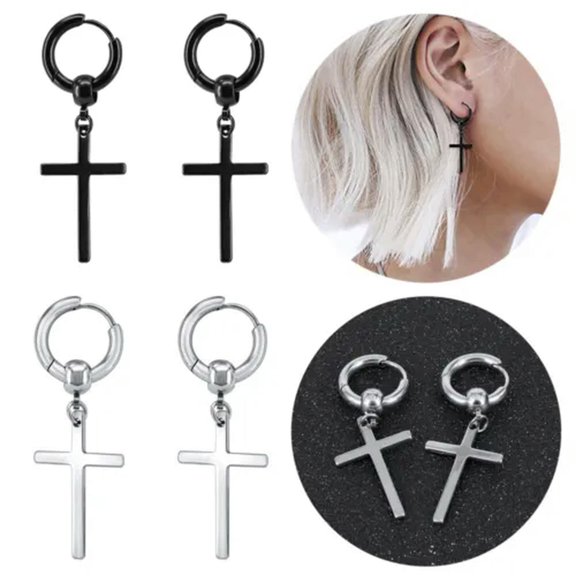 QQTDFG 1 Pair Vintage Surgical Steel Hoop Earrings Cross Pendant Helix Piercing Jewelry-Black-1 pair