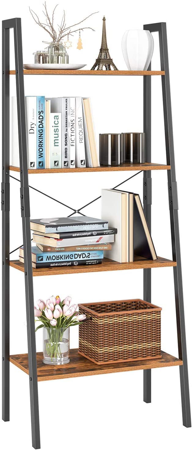 4 Tier Vintage Bookcase Wood Look Accent Metal Frame Ladder Shelf Multipurpose Plant Flower Stand Bookshelf Storage Rack Shelves