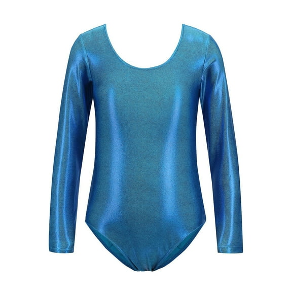 HNMKIU Girls Long Sleeved Gymnastics Leotards Shiny Dance Leotard Ballet Leotard Classic Ballet Yoga Leotard Bodysuit Gymnastics Suit for Girls Sky Blue,8-9 Years