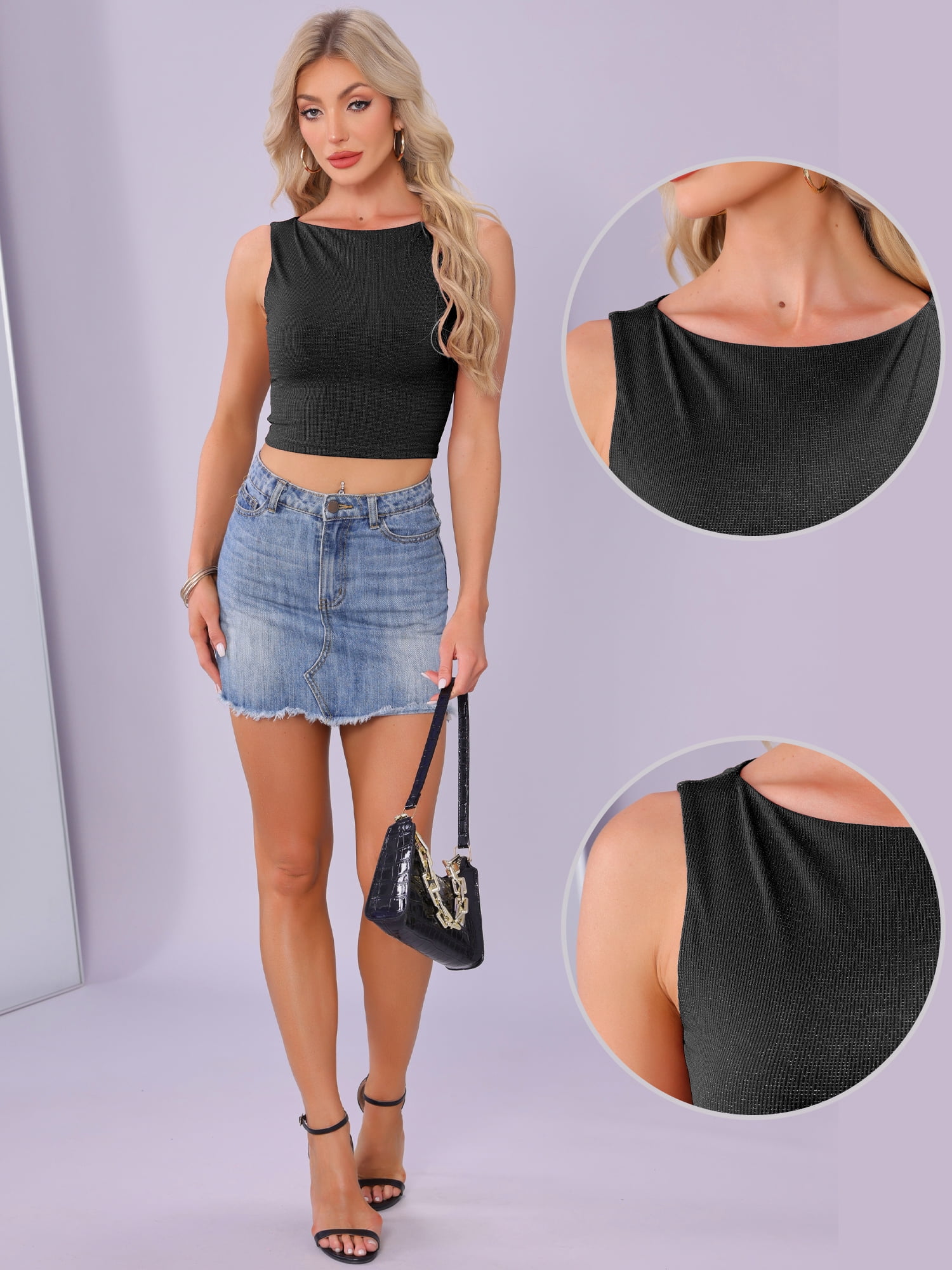 DARING DIVA Women's Glitter Vest Boat Neck Sleeveless Casual Outfit XL Black