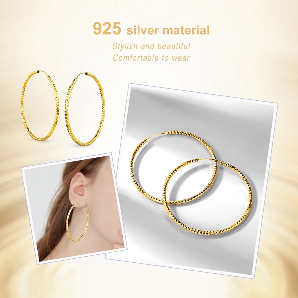 Silvora Gold Plated Large Hoop Earring for Women 70mm Multifaceted Triangle Cut Sterling Silver Hoops Jewelry Gift