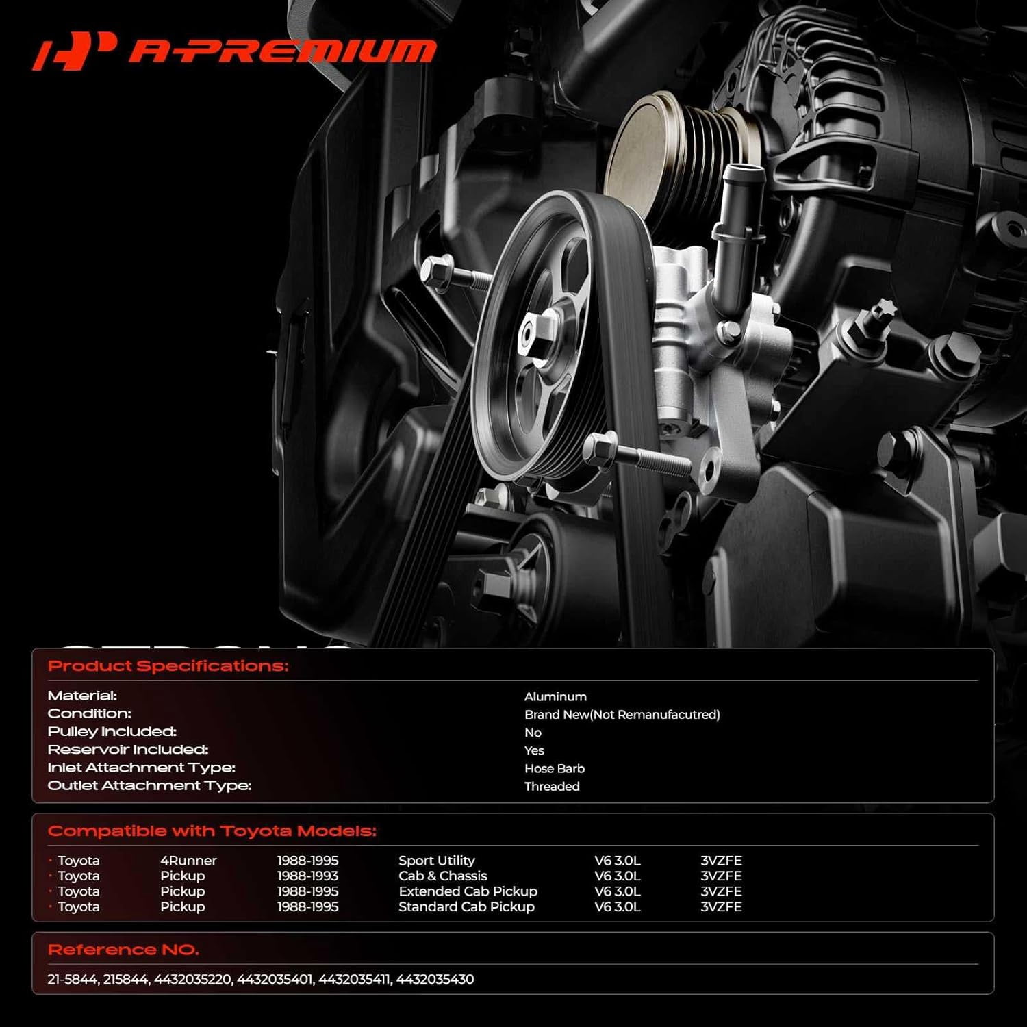 A-Premium Power Steering Pump with Reservoir Compatible with Toyota 4Runner 1988-1995 Pickup (Hilux) 1988-1995 3.0L 3VZFE