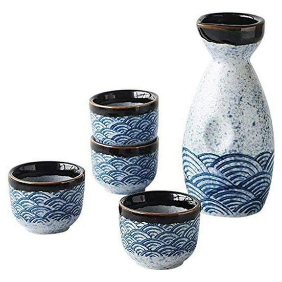 Japanese Sake Cup Set, Traditional Ceramic Flask Set of Five Exquisite Sake Cup and Pot Craftsmanship Elegant Retro for Home Restaurant Teahouse Hotel