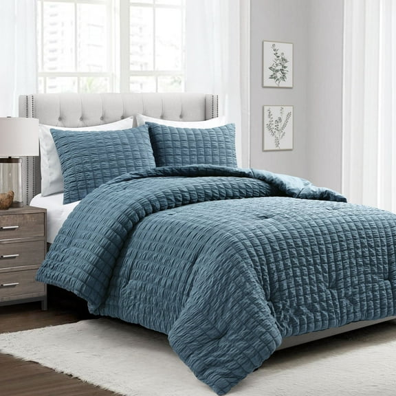 Lush Decor 100% Polyester Crinkle Textured Dobby Comforter Blue 3Pc Set Full/Queen
